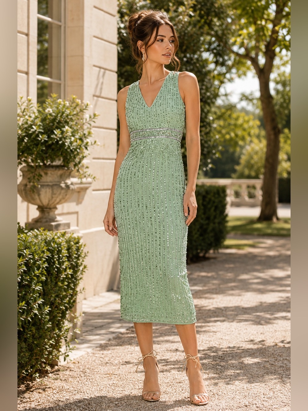 NEW Mac Duggal Sequin V-Neck Sleeveless Midi Dress – Sage – Size 8 (Style 70267)
